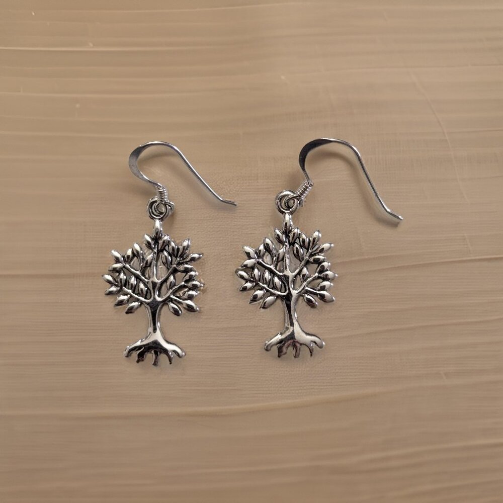 Brand New 925 Solid Sterling Silver Hanging Dangling Hook Tree of Life Earrings